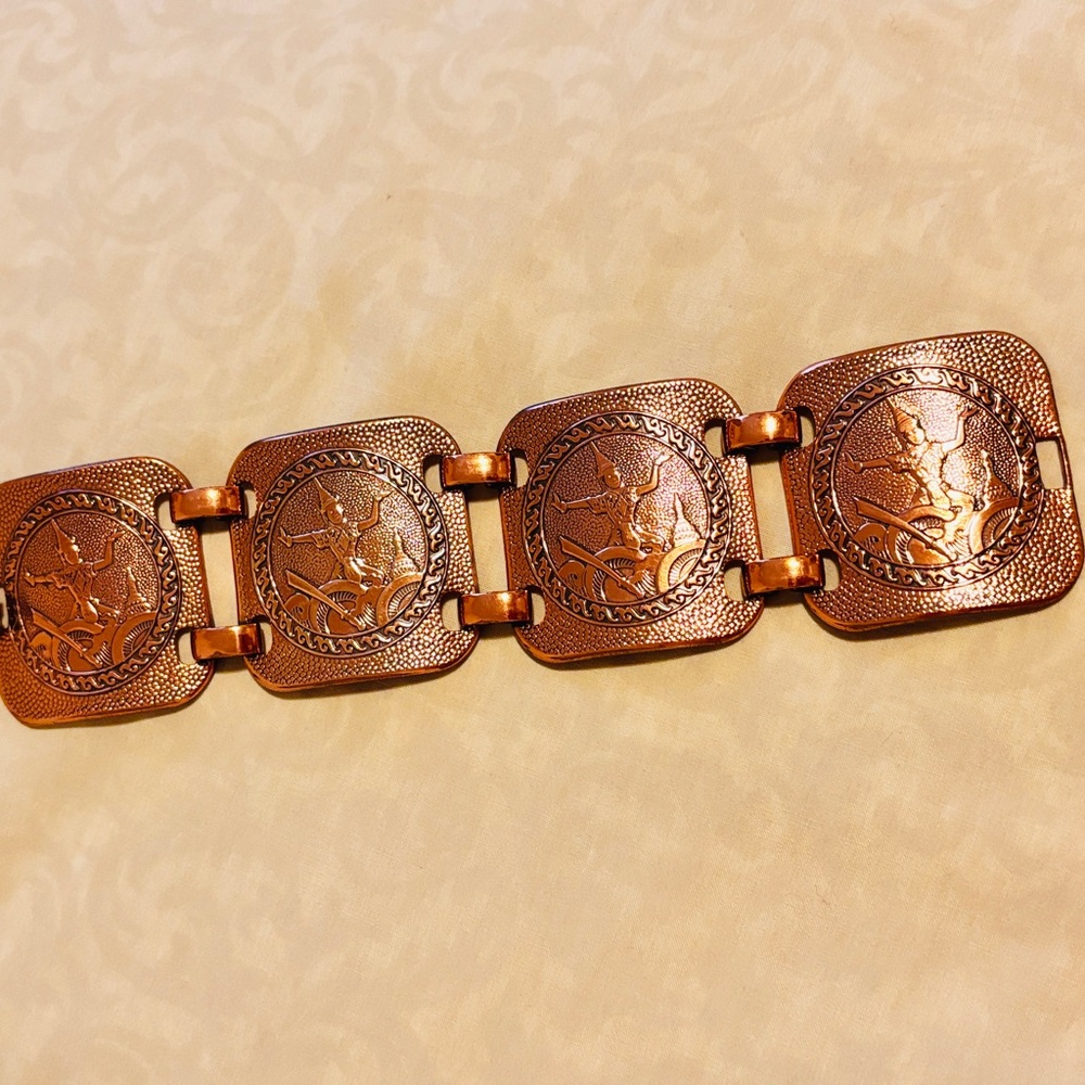 Vintage Copper Large 4-Panel Hammered Link Bracelet 7”
